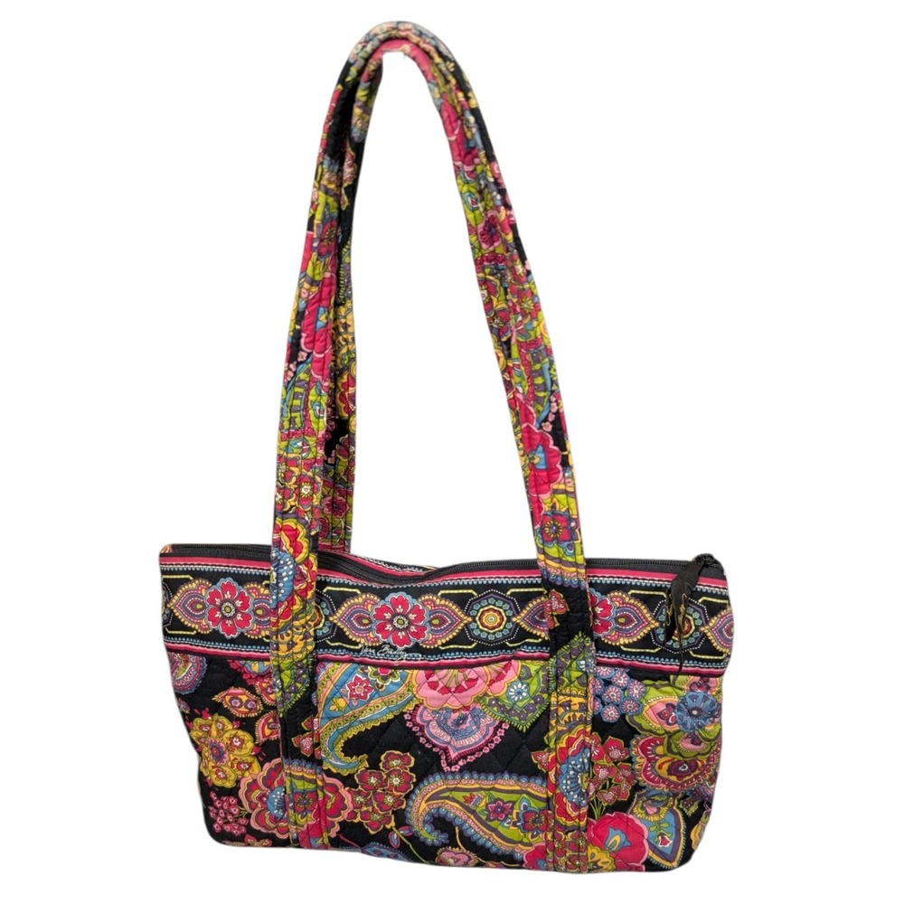 Vera Bradley Sun Valley Quilted Cotton Zip Top Tote Bag Paisley Floral Black